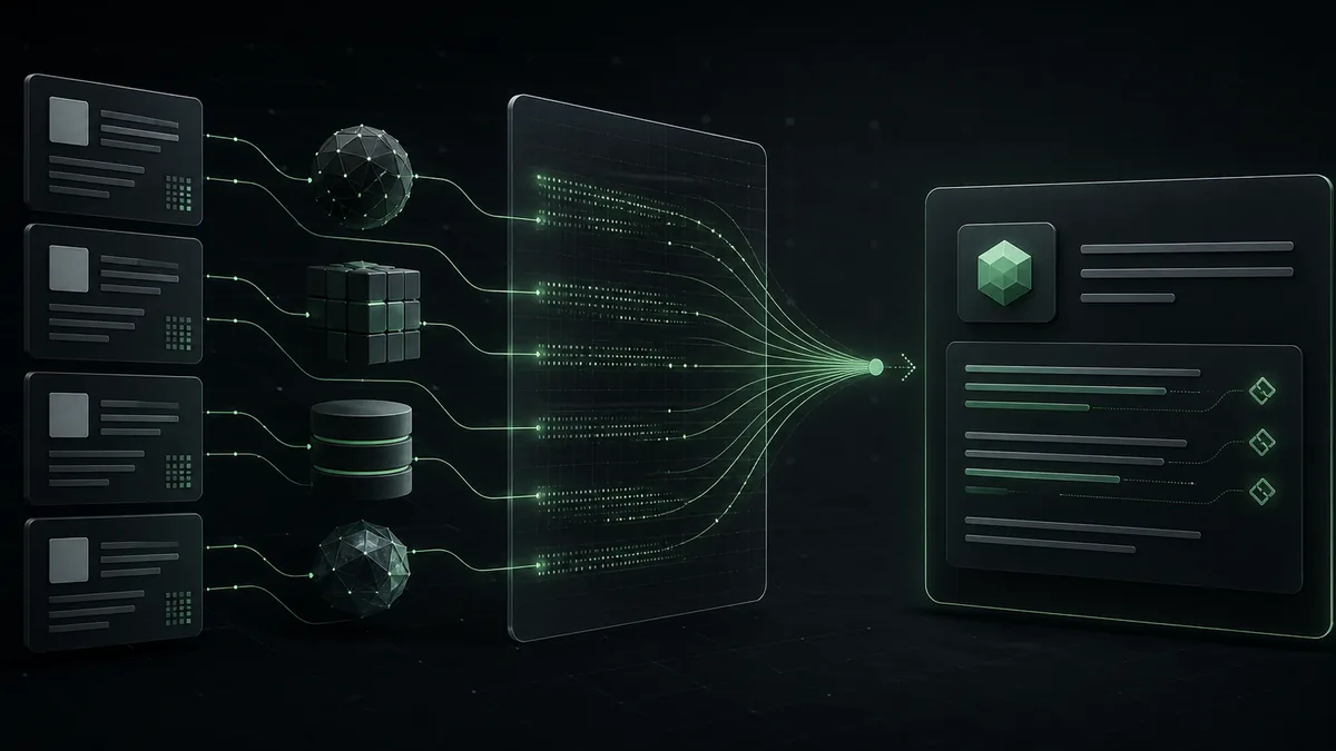 Crawlable documents and structured evidence moving through retrieval into a cited AI answer